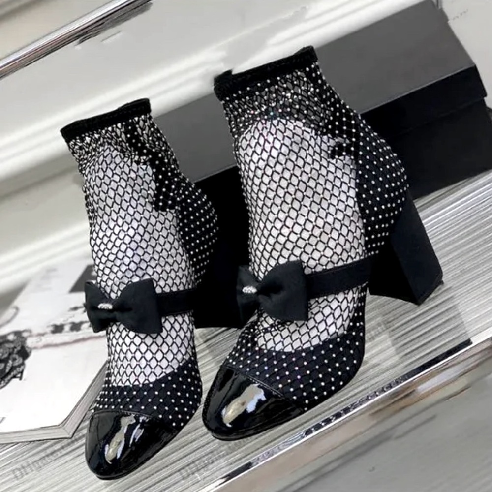 Rhinestone Fishnet Chunky Heel